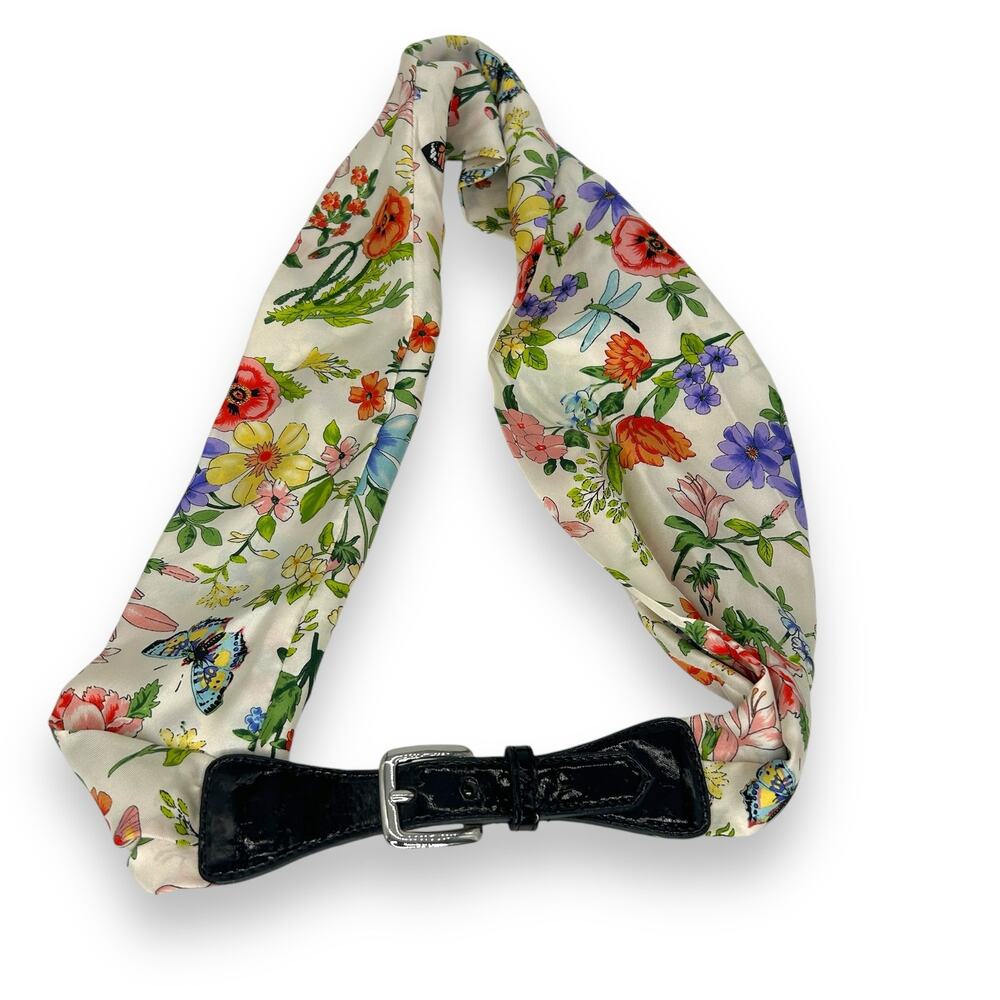 Fairycore Floral Silk Scarf Belt Ivory with Multicolor Flowers Large